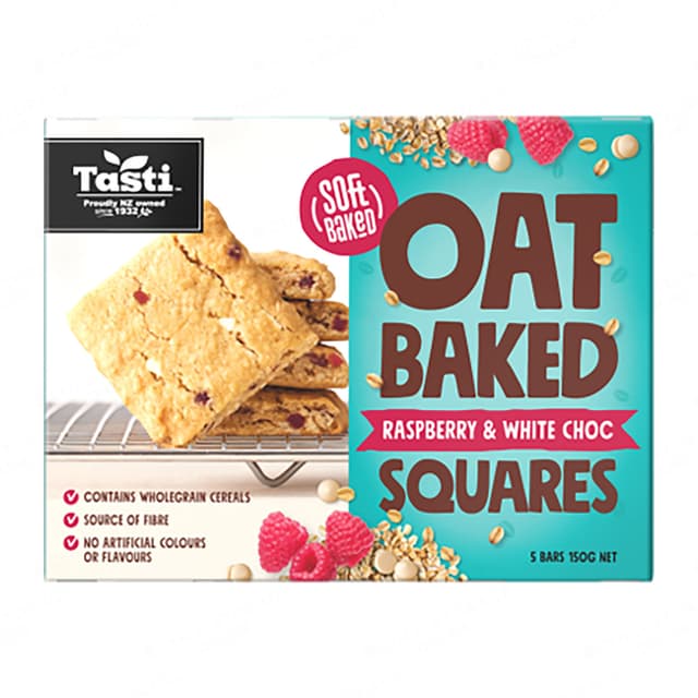 Tasti Oat Baked Squares Raspberry White Choc Chip 150g
